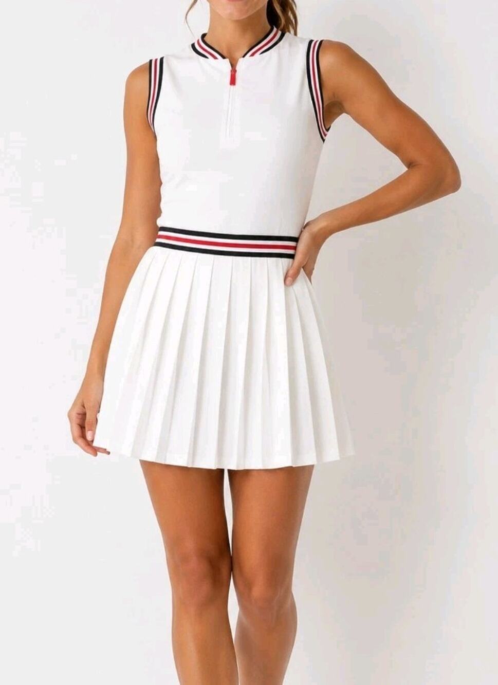 Hunter~Sz. L~Pleated Tennis Dress Mini Front Zip Sleeveless White Varsity Preppy